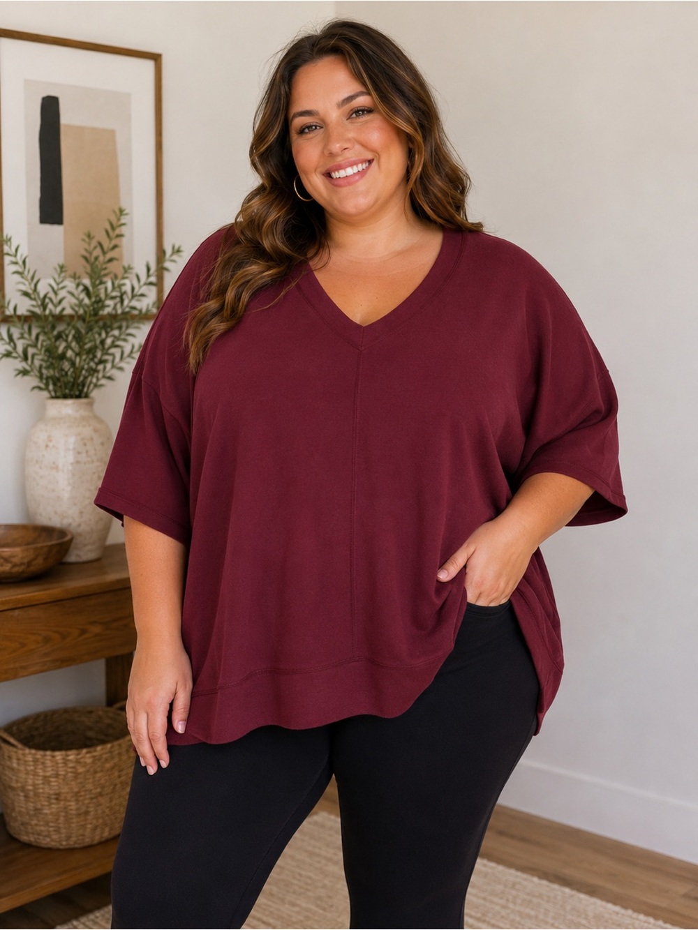 Spense V-Neck Relaxed Tunic in Burgundy/Wine